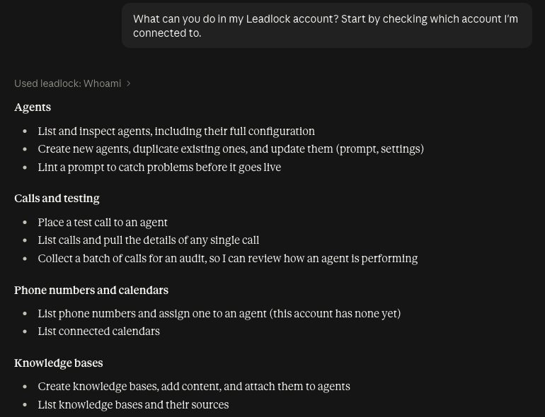 Claude answering what it can do in a connected Leadlock account