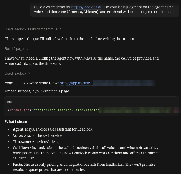Claude building a live Leadlock voice demo from a website and returning the demo link and embed code