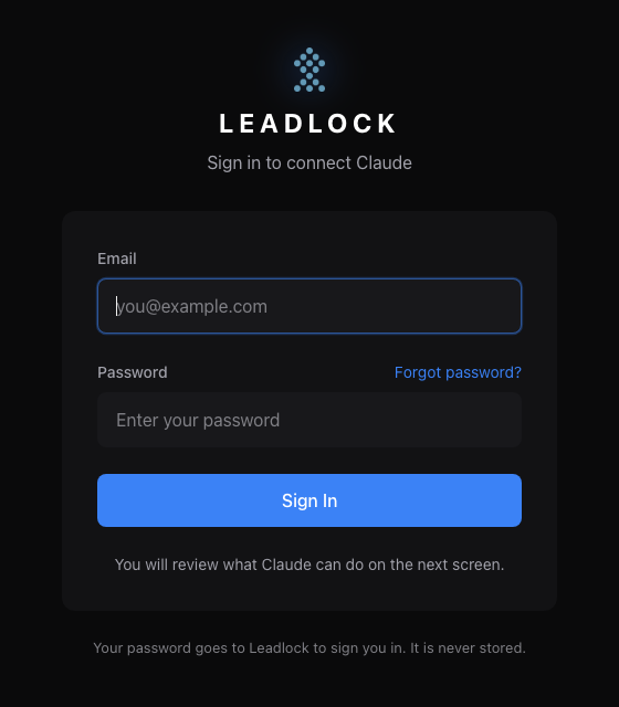 Leadlock sign-in page titled Sign in to connect Claude