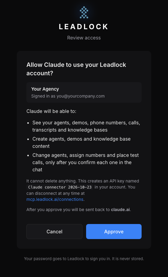 Leadlock approve screen: Allow Claude to use your Leadlock account?